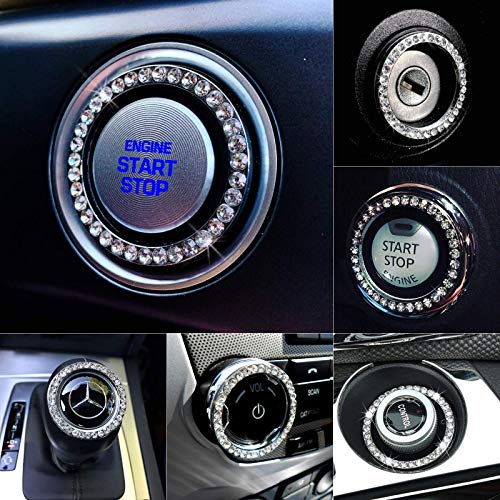 Crystal Rhinestone Bling Car Decor Car Bling Ring Emblem Sticker, Bling Car Accessories for Women, Push to Start Button, Key Ignition Starter & Knob Ring, Interior Glam Car Decor Accessory (Silver)