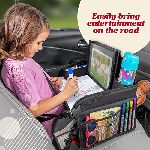Kids Travel Tray with Dry Erase Board, Road Trip Essentials Kids, No-Drop Tablet Holder, Lap Desk, Cup Holder, Toddler Toy Storage, Fits Airplane and Booster Seat (Black)