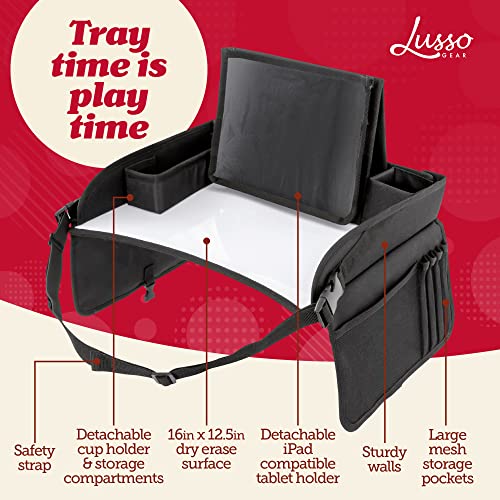 Kids Travel Tray with Dry Erase Board, Road Trip Essentials Kids, No-Drop Tablet Holder, Lap Desk, Cup Holder, Toddler Toy Storage, Fits Airplane and Booster Seat (Black)