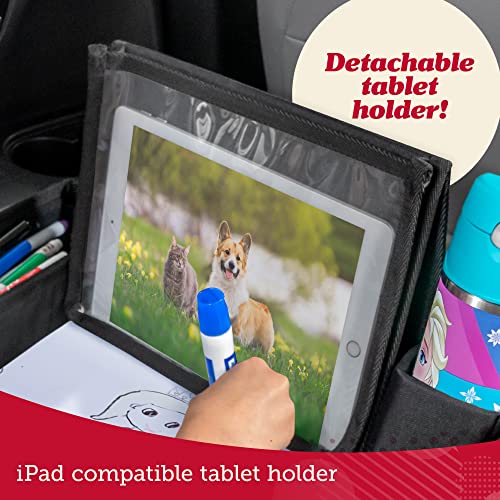 Kids Travel Tray with Dry Erase Board, Road Trip Essentials Kids, No-Drop Tablet Holder, Lap Desk, Cup Holder, Toddler Toy Storage, Fits Airplane and Booster Seat (Black)