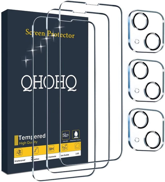 Screen Protector QHOHQ 3 Pack Designed for iPhone 13 6.1 Inch with 3 Pack Tempered Glass Camera Lens Protector, Ultra HD