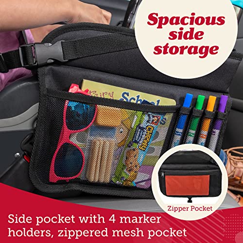 Kids Travel Tray with Dry Erase Board, Road Trip Essentials Kids, No-Drop Tablet Holder, Lap Desk, Cup Holder, Toddler Toy Storage, Fits Airplane and Booster Seat (Black)