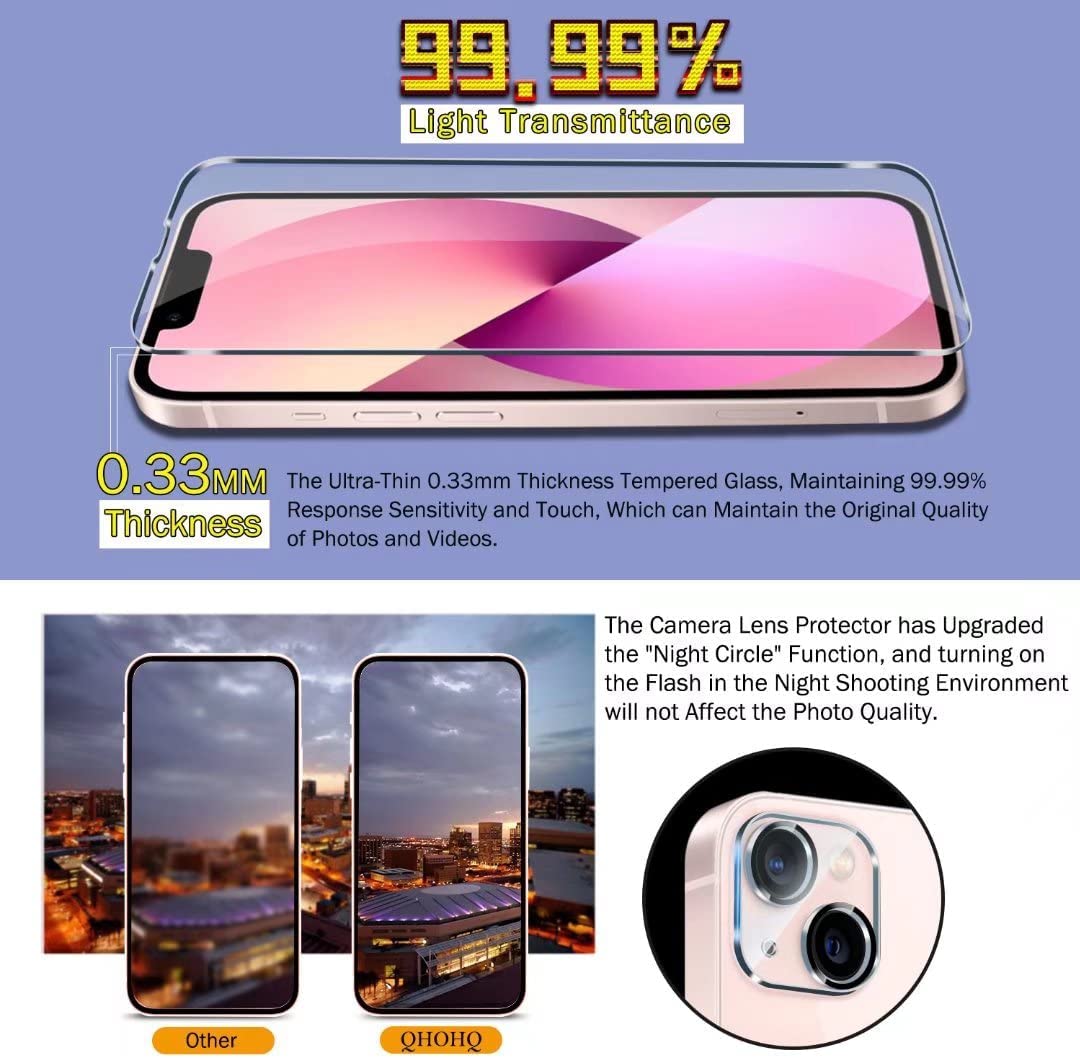 Screen Protector QHOHQ 3 Pack Designed for iPhone 13 6.1 Inch with 3 Pack Tempered Glass Camera Lens Protector, Ultra HD