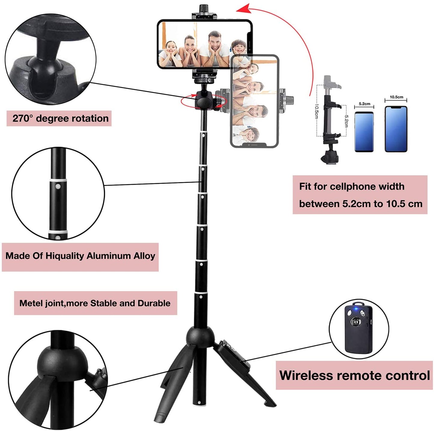 Portable 40 Inch Aluminum Alloy Selfie Stick Phone Tripod with Wireless Remote Shutter