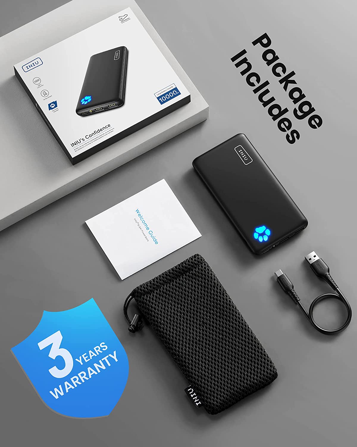 Portable Charger, USB C Slimmest Triple 3A High-Speed 10000mAh Phone Power Bank