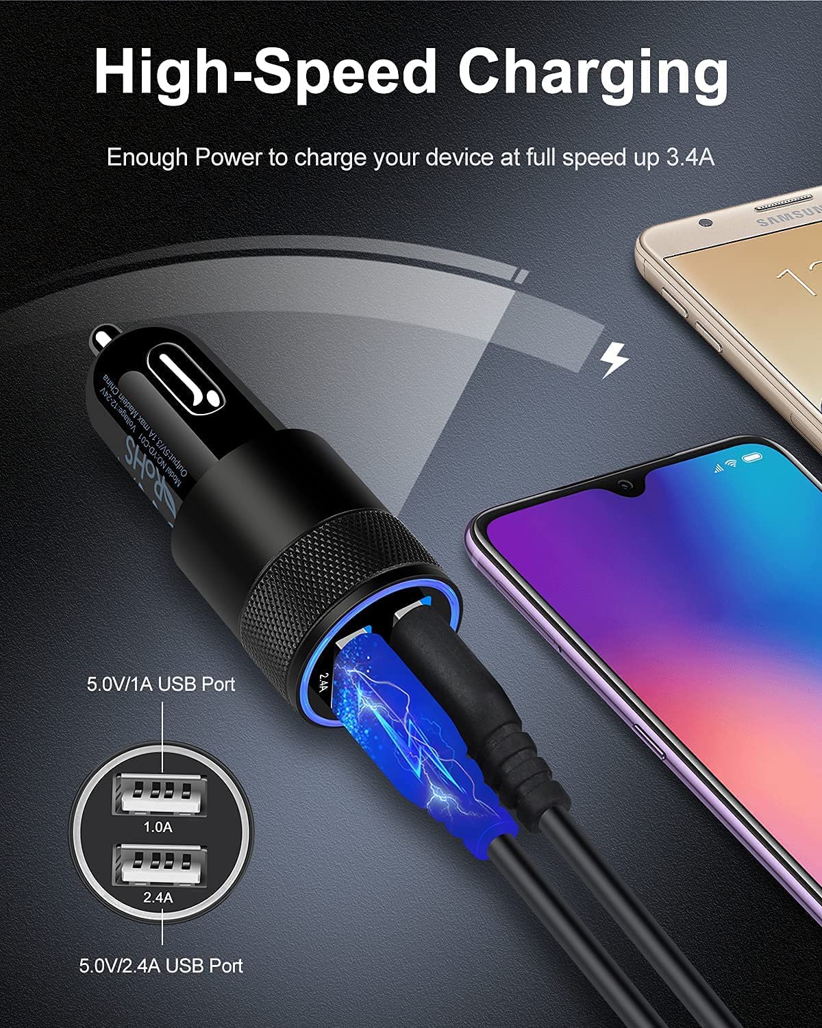 Car Charger 2Pack , 3.4A Fast Charge Dual Port USB Cargador Carro Lighter Adapter for iPhone