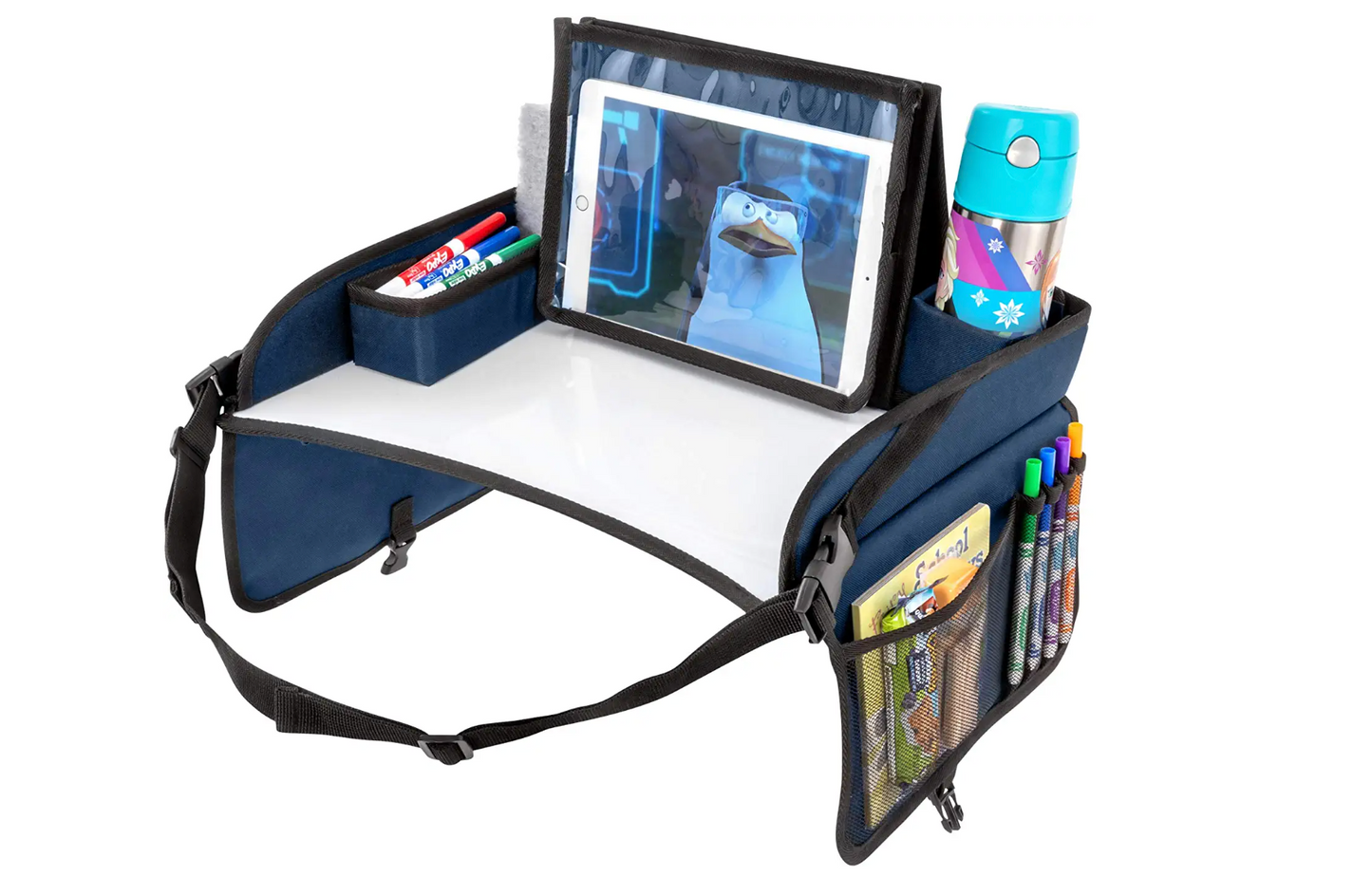 Kids Travel Tray with Dry Erase Board, Road Trip Essentials Kids, No-Drop Tablet Holder, Lap Desk, Cup Holder, Toddler Toy Storage, Fits Airplane and Booster Seat (Black)