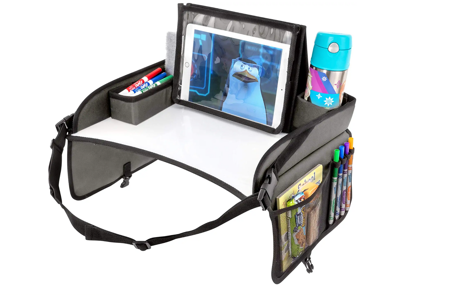 Kids Travel Tray with Dry Erase Board, Road Trip Essentials Kids, No-Drop Tablet Holder, Lap Desk, Cup Holder, Toddler Toy Storage, Fits Airplane and Booster Seat (Black)