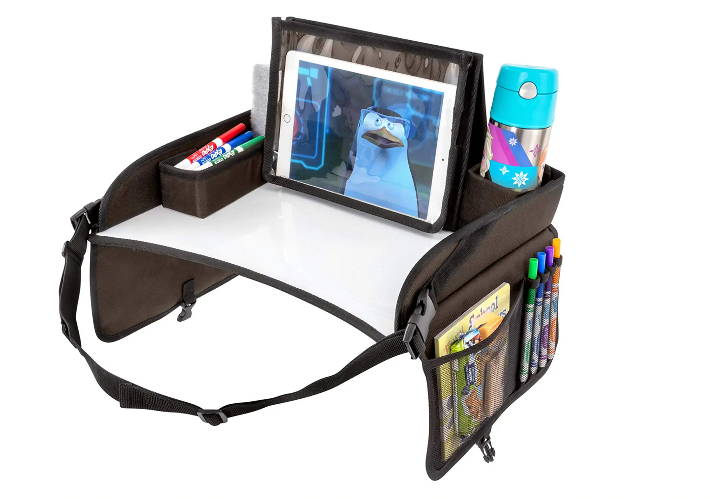 Kids Travel Tray with Dry Erase Board, Road Trip Essentials Kids, No-Drop Tablet Holder, Lap Desk, Cup Holder, Toddler Toy Storage, Fits Airplane and Booster Seat (Black)