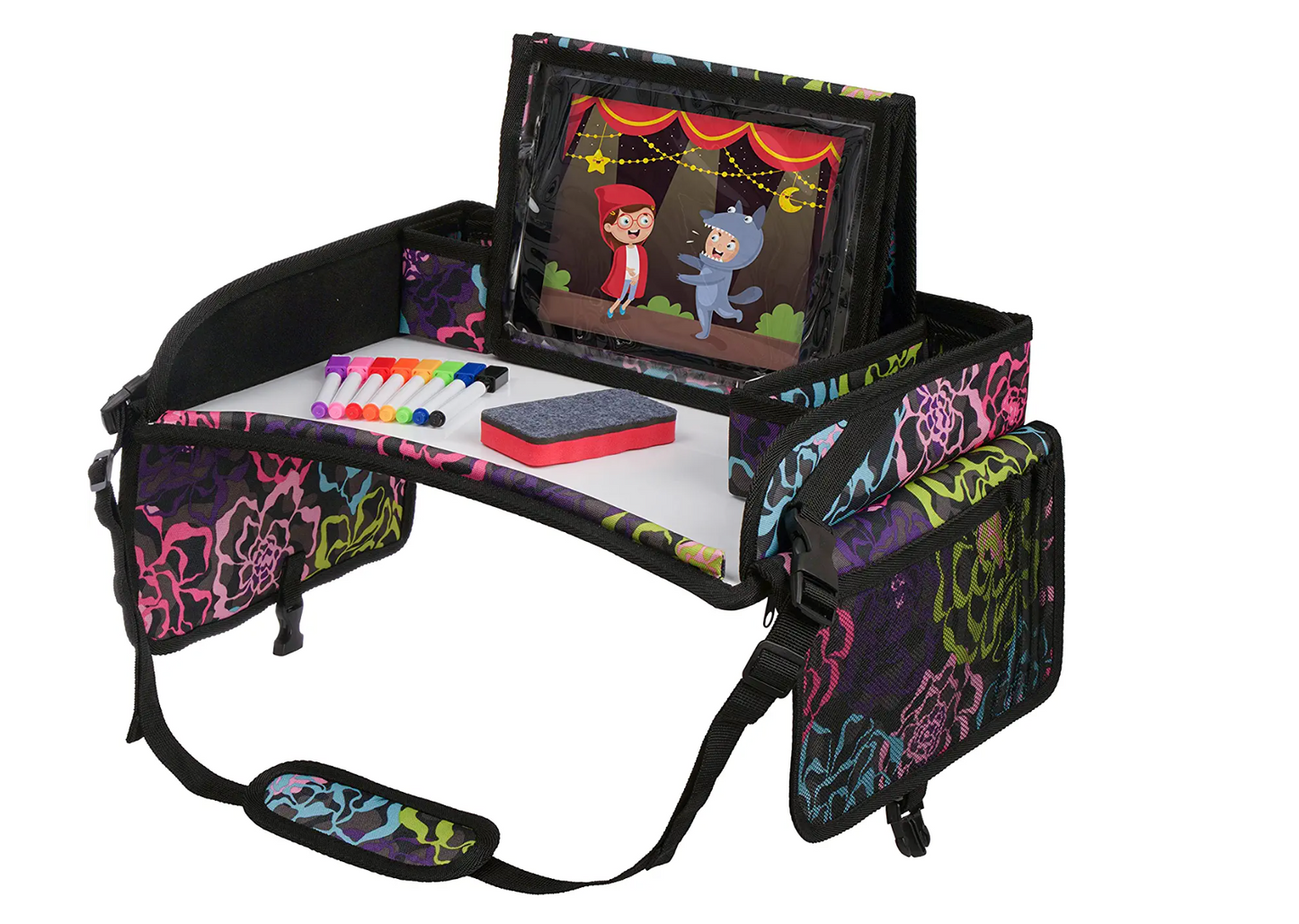 Kids Travel Tray with Dry Erase Board, Road Trip Essentials Kids, No-Drop Tablet Holder, Lap Desk, Cup Holder, Toddler Toy Storage, Fits Airplane and Booster Seat (Black)