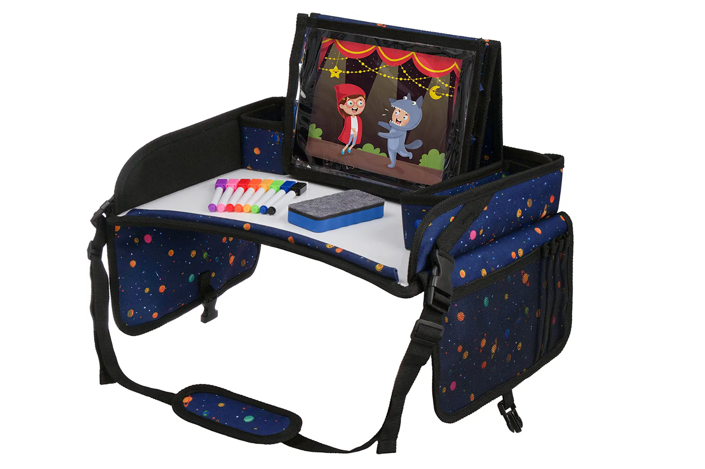 Kids Travel Tray with Dry Erase Board, Road Trip Essentials Kids, No-Drop Tablet Holder, Lap Desk, Cup Holder, Toddler Toy Storage, Fits Airplane and Booster Seat (Black)