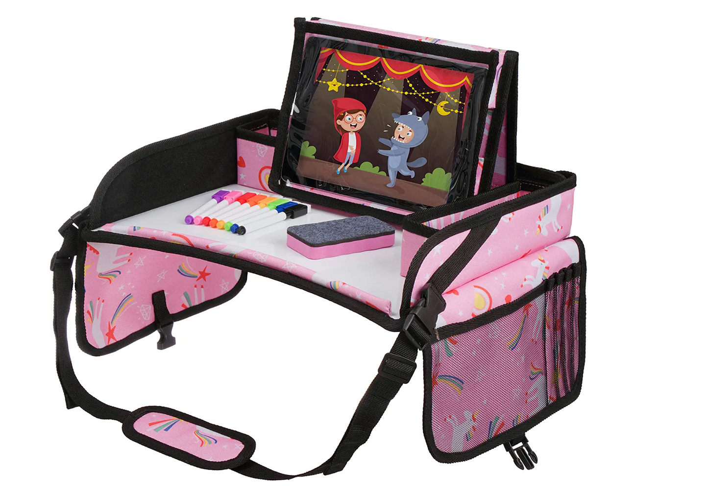Kids Travel Tray with Dry Erase Board, Road Trip Essentials Kids, No-Drop Tablet Holder, Lap Desk, Cup Holder, Toddler Toy Storage, Fits Airplane and Booster Seat (Black)