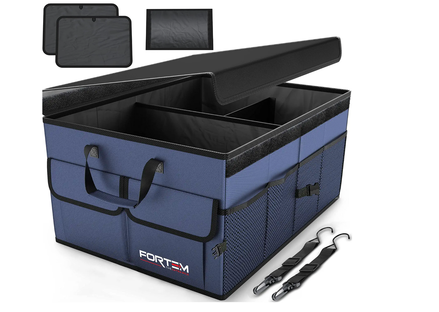 Car Trunk Organizer, Collapsible Multi Compartment Car Organizer, SUV Trunk Organizer, Non Slip Bottom, Adjustable Securing Straps, Foldable Cover (Black, Standard Size)