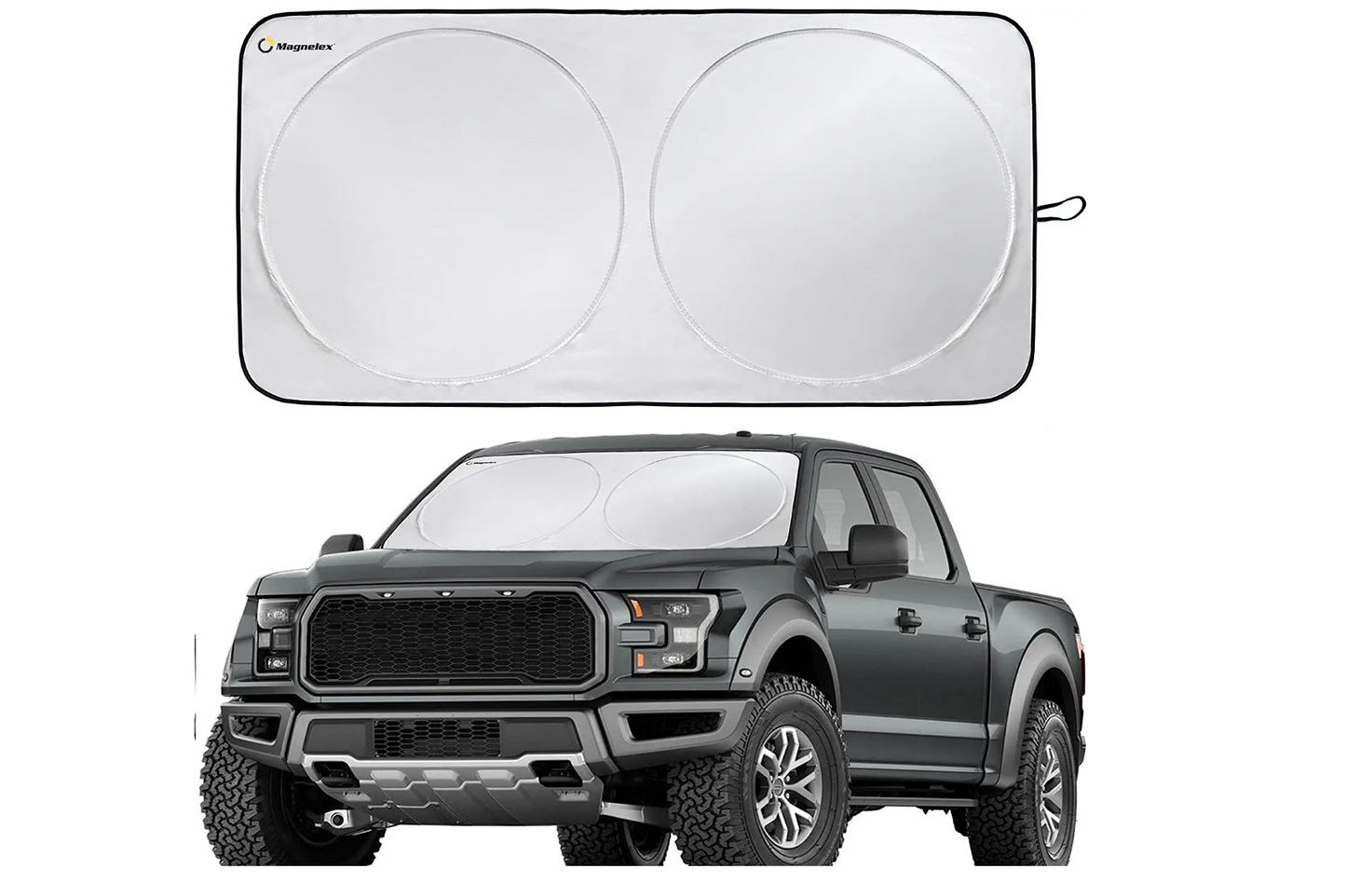 Car Windshield Sunshade Magnelex with Bonus Steering Wheel Cover Sun Shade. Reflective Polyester Blocks Heat and Sun. Foldable Sun Shield That Keeps Your Vehicle Cool (Large 63 x 33.8 in)