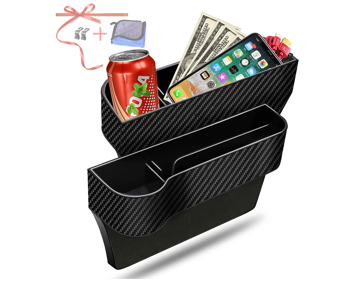 Car Seat Gap Filler Organizer, 2 Pack Multifunctional, Auto Console Side Storage Box with Cup Holders 2 Seat Hooks for Drink, Car Organizer Front Seat for Holding Phone, Sunglasses