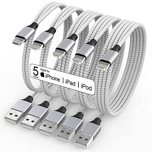 5Pack iPhone Charger Lightning Cable Compatible iPhone 13Pro/13/12Pro Max/12Pro/12/11/Pro/Xs -Silver&White