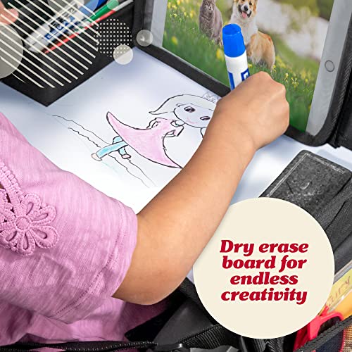 Kids Travel Tray with Dry Erase Board, Road Trip Essentials Kids, No-Drop Tablet Holder, Lap Desk, Cup Holder, Toddler Toy Storage, Fits Airplane and Booster Seat (Black)