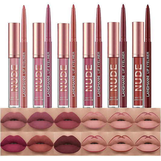 Matte Liquid Lipstick + Lip Liner Pens Set, One Step Lips Makeup Kits Pigment 12pcs