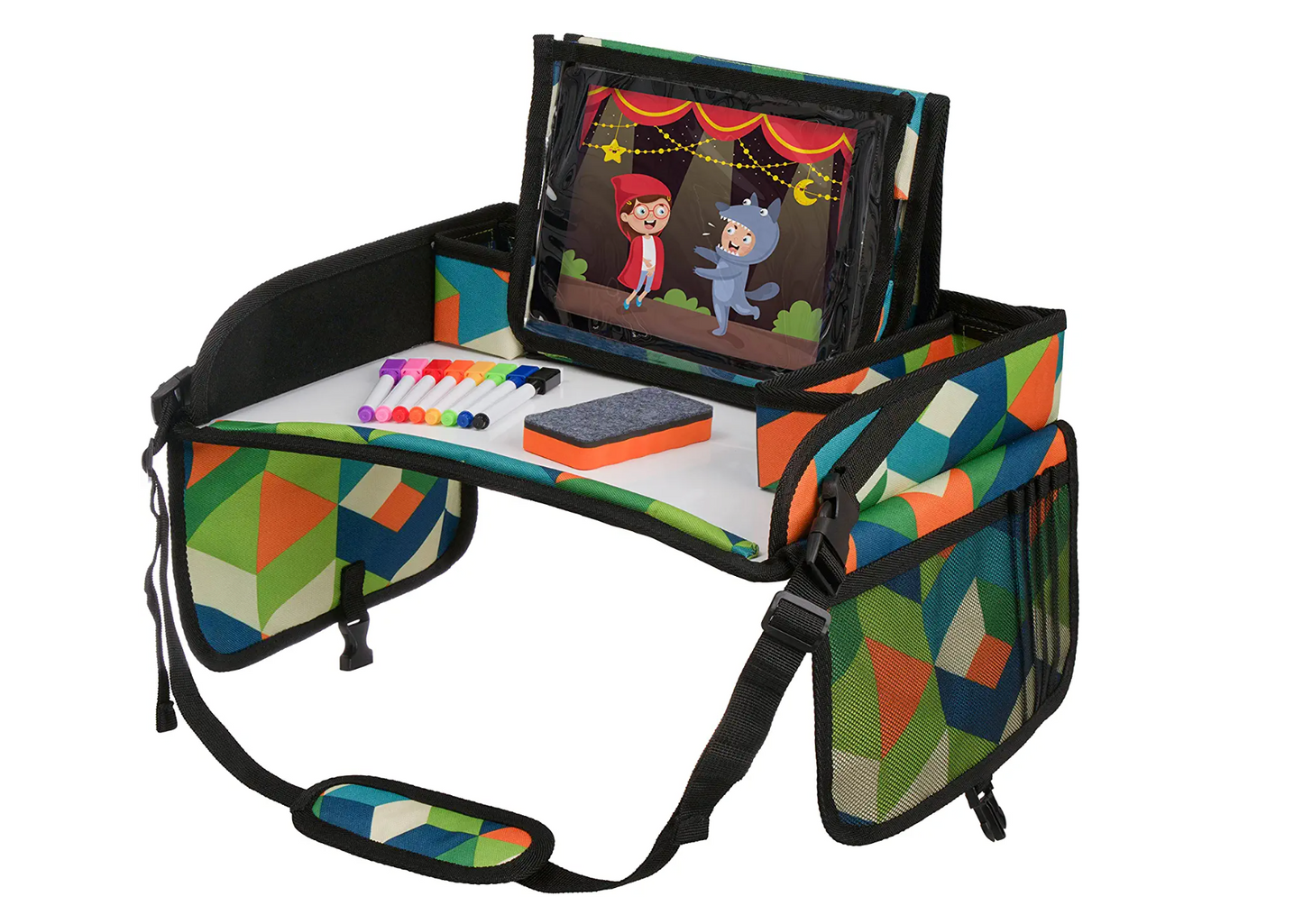 Kids Travel Tray with Dry Erase Board, Road Trip Essentials Kids, No-Drop Tablet Holder, Lap Desk, Cup Holder, Toddler Toy Storage, Fits Airplane and Booster Seat (Black)