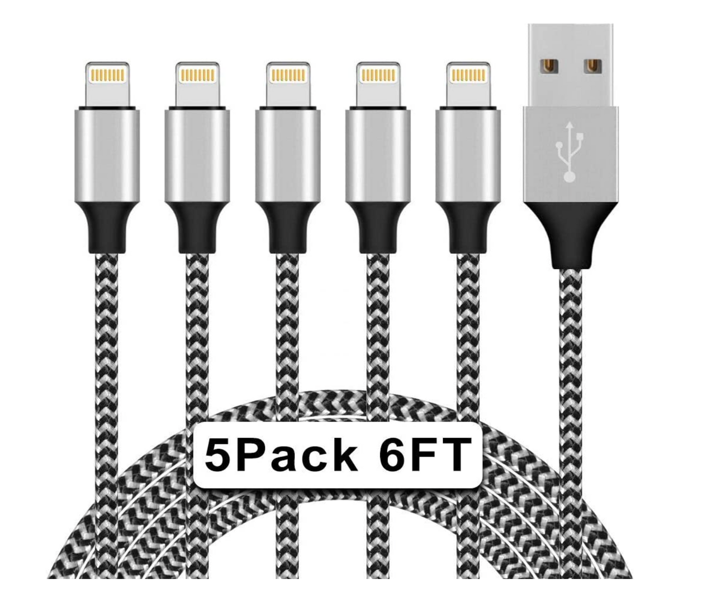 5Pack iPhone Charger Lightning Cable Compatible iPhone 13Pro/13/12Pro Max/12Pro/12/11/Pro/Xs -Silver&White