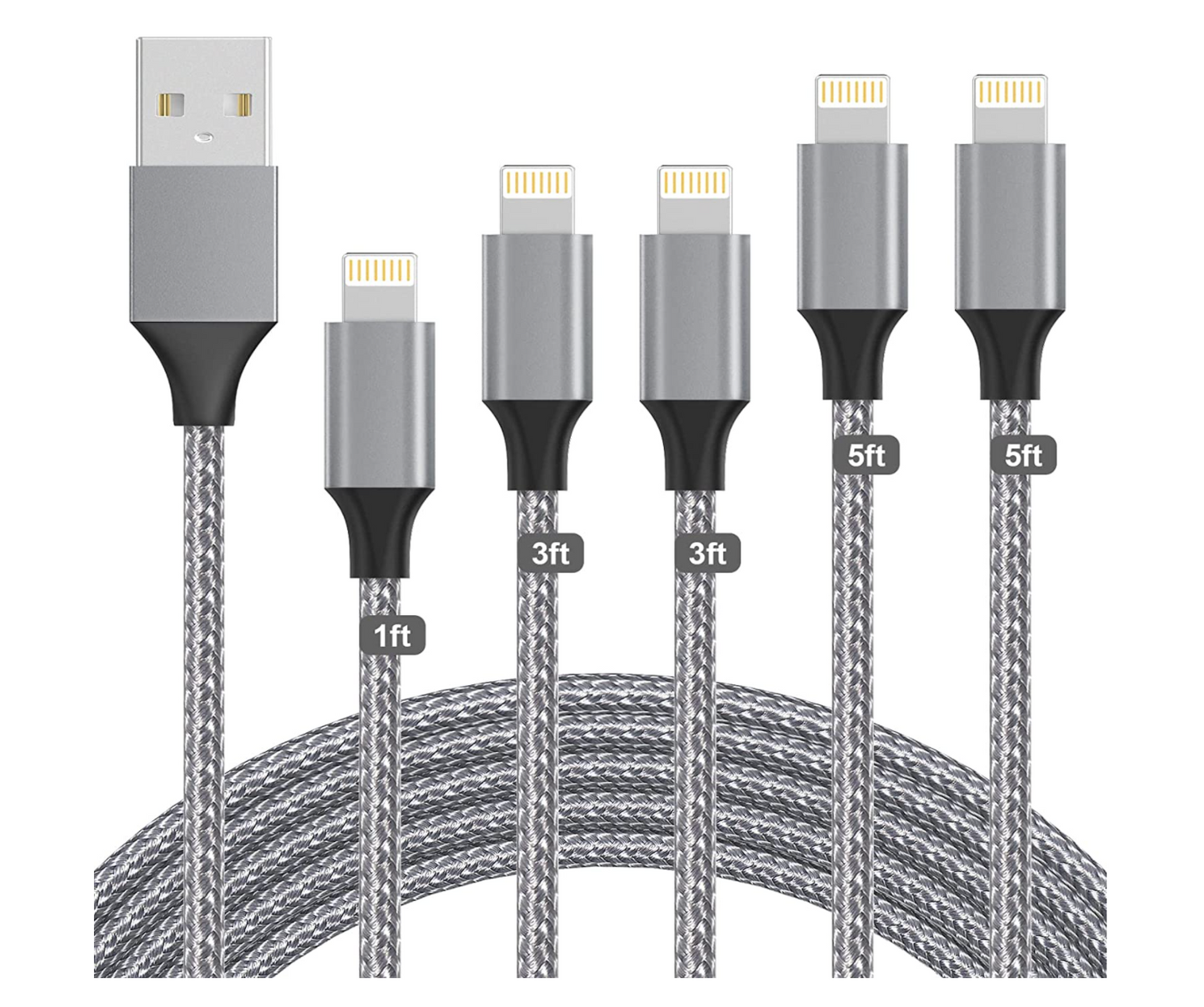 5Pack iPhone Charger Lightning Cable Compatible iPhone 13Pro/13/12Pro Max/12Pro/12/11/Pro/Xs -Silver&White