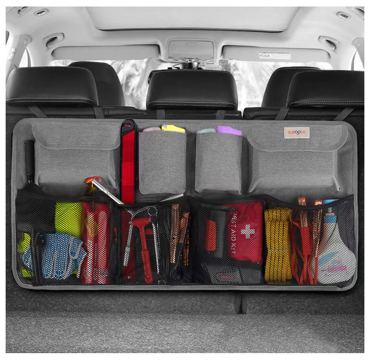 Car Trunk Organizer , 3rd Gen [7 Times Upgrade] Super Capacity, Equipped with [Robust Elastic Net & 3 Magic Stick] Car Trunk Tidy Storage Bag with Lids, Space Saving Expert-Black